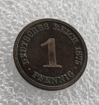 外国优质老铜币高银银币，周六九点倒数截拍，满百包邮，持续收拍 - 德国1875 年 1 芬尼C版，正面铸 “DEUTSCHES REICH”、面值与年份，背面为带皇冠的德意志帝国鹰。属德意志第二帝国初期，是 1871 年德国统一后推行统一币制、彰显帝国权威的流通辅币见证。