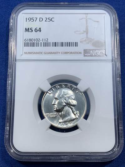 《竞宝斋》第462场 周日，周一，2场连拍 （全场包邮）欢迎送拍 - NGC MS64 美国1957年华盛顿头像25分银币 状态非常好