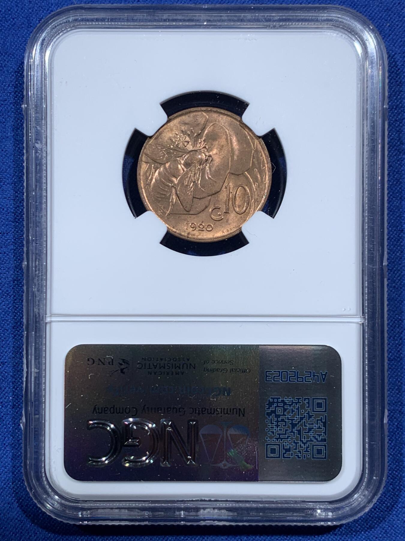 《竞宝斋》第462场 周日，周一，2场连拍 （全场包邮）欢迎送拍 NGC MS64RB 意大利小蜜蜂1920年10分，古典主义风格代表作品，极美的设计，原铜光不容易