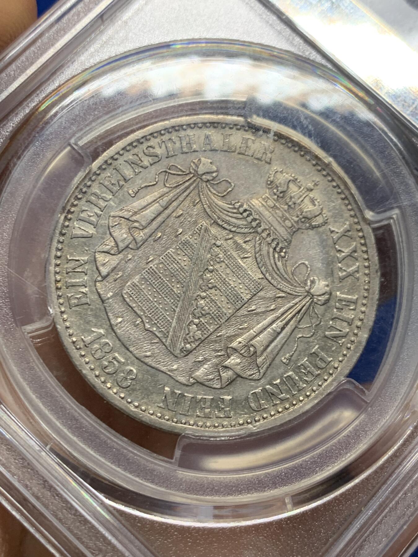 《竞宝斋》第462场 周日，周一，2场连拍 （全场包邮）欢迎送拍 PCGS AU50 萨克森-阿尔滕堡公国 1858 泰勒银币 小邦品种 铸造量仅31872枚 背面支撑小磕