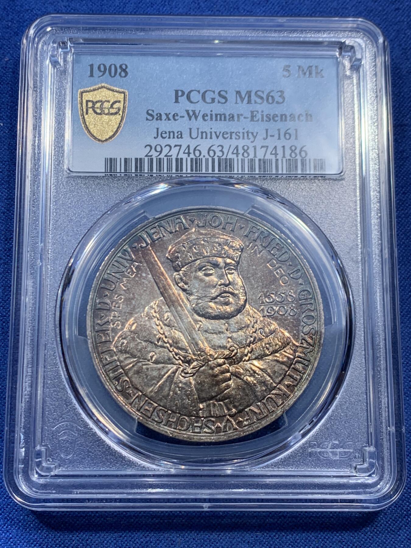 《竞宝斋》第462场 周日，周一，2场连拍 （全场包邮）欢迎送拍 PCGS MS63 德国1908年萨克森耶拿大学建校350周年抹脖子5马克银币 五彩包浆