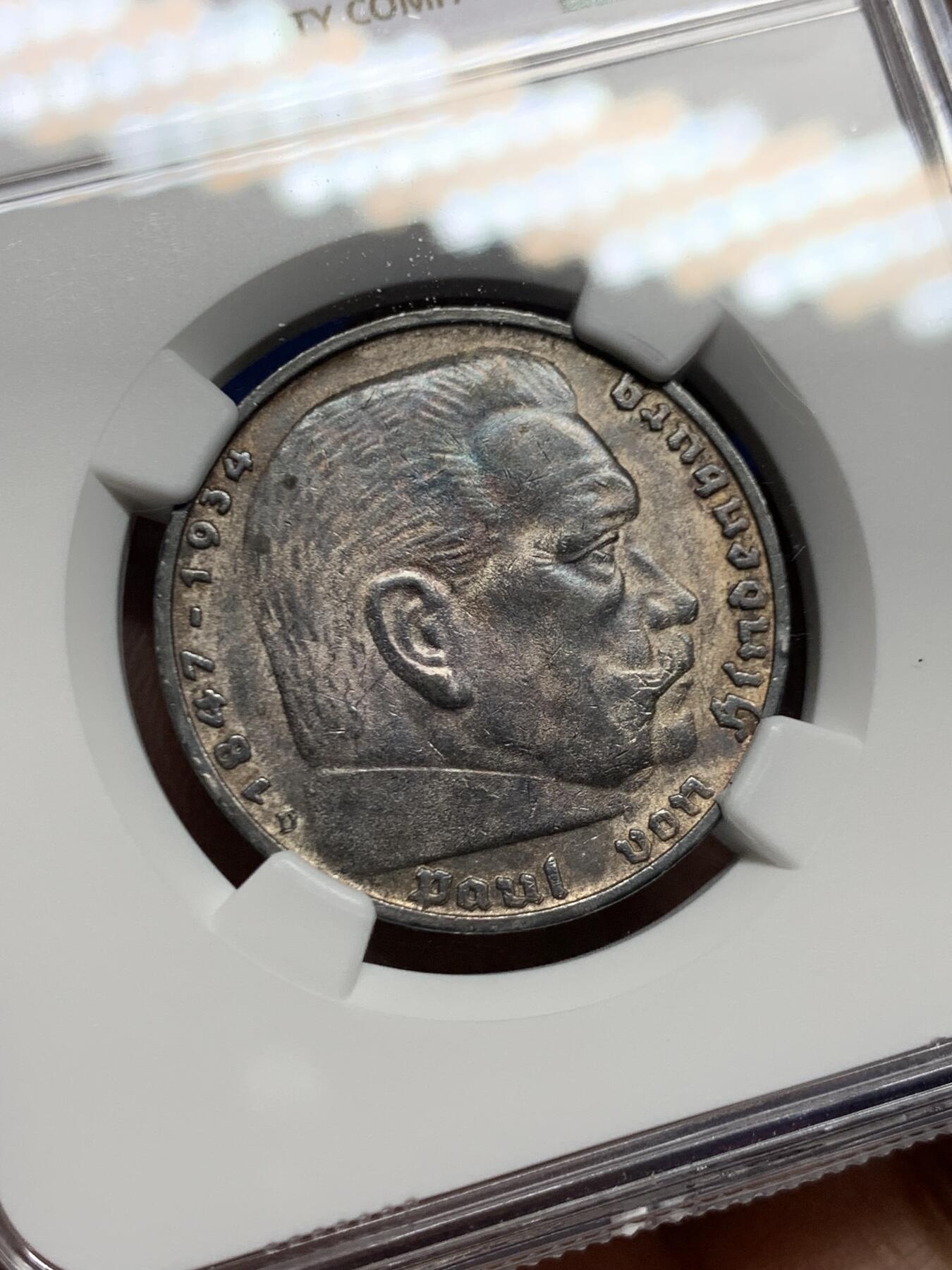 《竞宝斋》第462场 周日，周一，2场连拍 （全场包邮）欢迎送拍 NGC MS61 德国1939F兴登堡头像5马克银币，带符号，1939年是最后一年，比较少一点