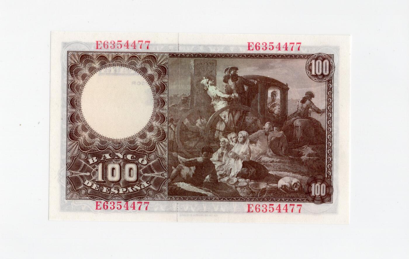 徐霞客拍卖首拍 西班牙	P-137 1948年100比塞塔	E6354477	unc-	这张纸币于1948年5月2日在马德里发行，正面主像为西班牙浪漫主义画家弗朗西斯科·巴耶乌，通过采用棕黄渐变套印与精细雕刻凹印工艺，花纹繁复且防伪性强，作为战后西班牙发行的首批大面额纸币之一，存世量已极为稀少，在欧洲纸币收藏中属于“小众精品”。		