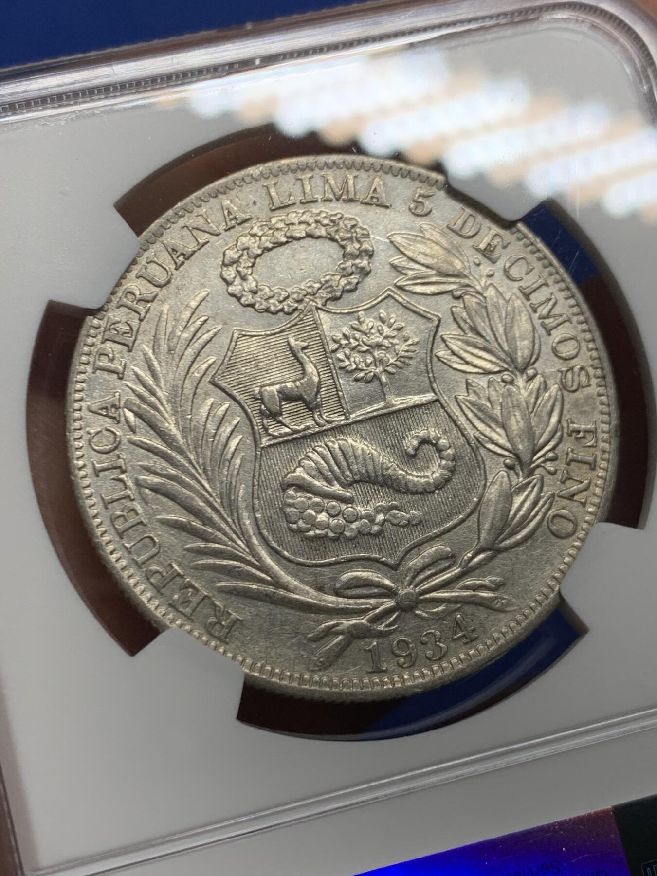 《竞宝斋》第462场 周日，周一，2场连拍 （全场包邮）欢迎送拍 NGC AUD 秘鲁 1934年 女神 1索尔 银币