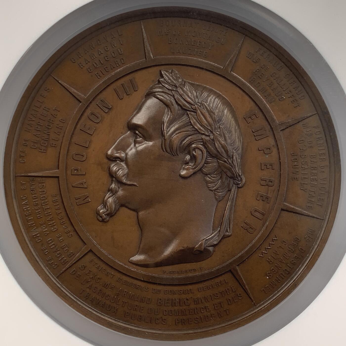 掌中浮雕-藏着的欧洲第051场 NGC MS62 : 1864年法国罗纳省城市建设铜章，90mm，Louis-Félix Chabaud雕刻