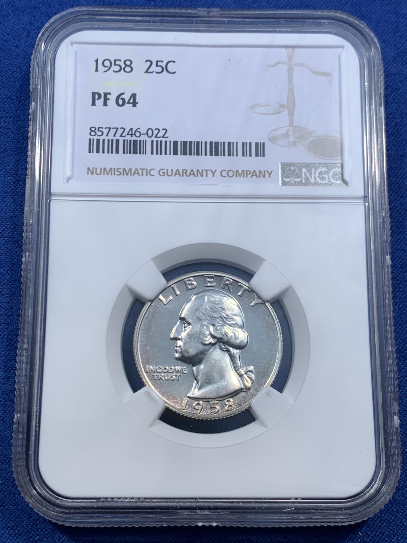 《竞宝斋》第462场 周日，周一，2场连拍 （全场包邮）欢迎送拍 NGC PF64 美国1958年 华盛顿 25分 精制银币