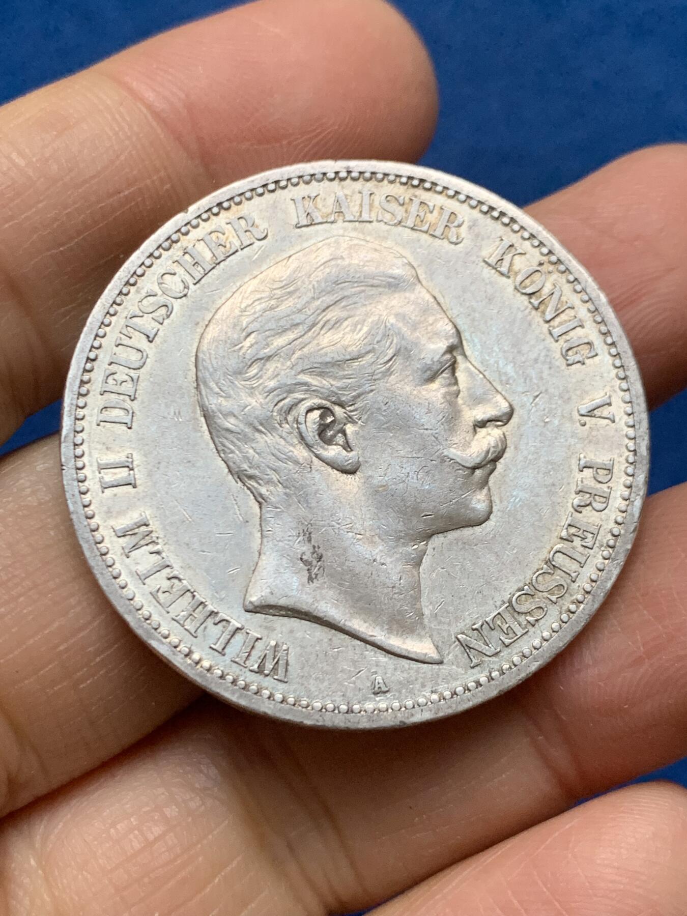 《竞宝斋》第462场 周日，周一，2场连拍 （全场包邮）欢迎送拍 德国普鲁士1898年威廉二世长翅5马克银币