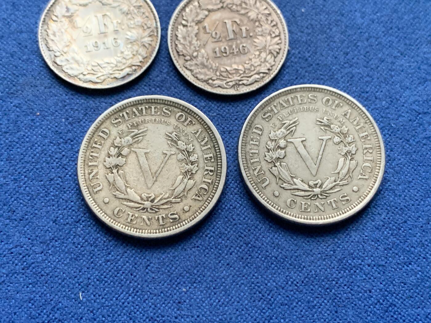 《竞宝斋》第462场 周日，周一，2场连拍 （全场包邮）欢迎送拍 四枚一组 瑞士半法郎银币2个+美国5美分镍币2个