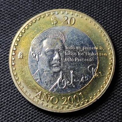 KK钱币收藏小铺  第400期  百期特拍（四拍之四）2月预留时间 周末发货 -  2001墨西哥20比索纪念币 好品 稀少