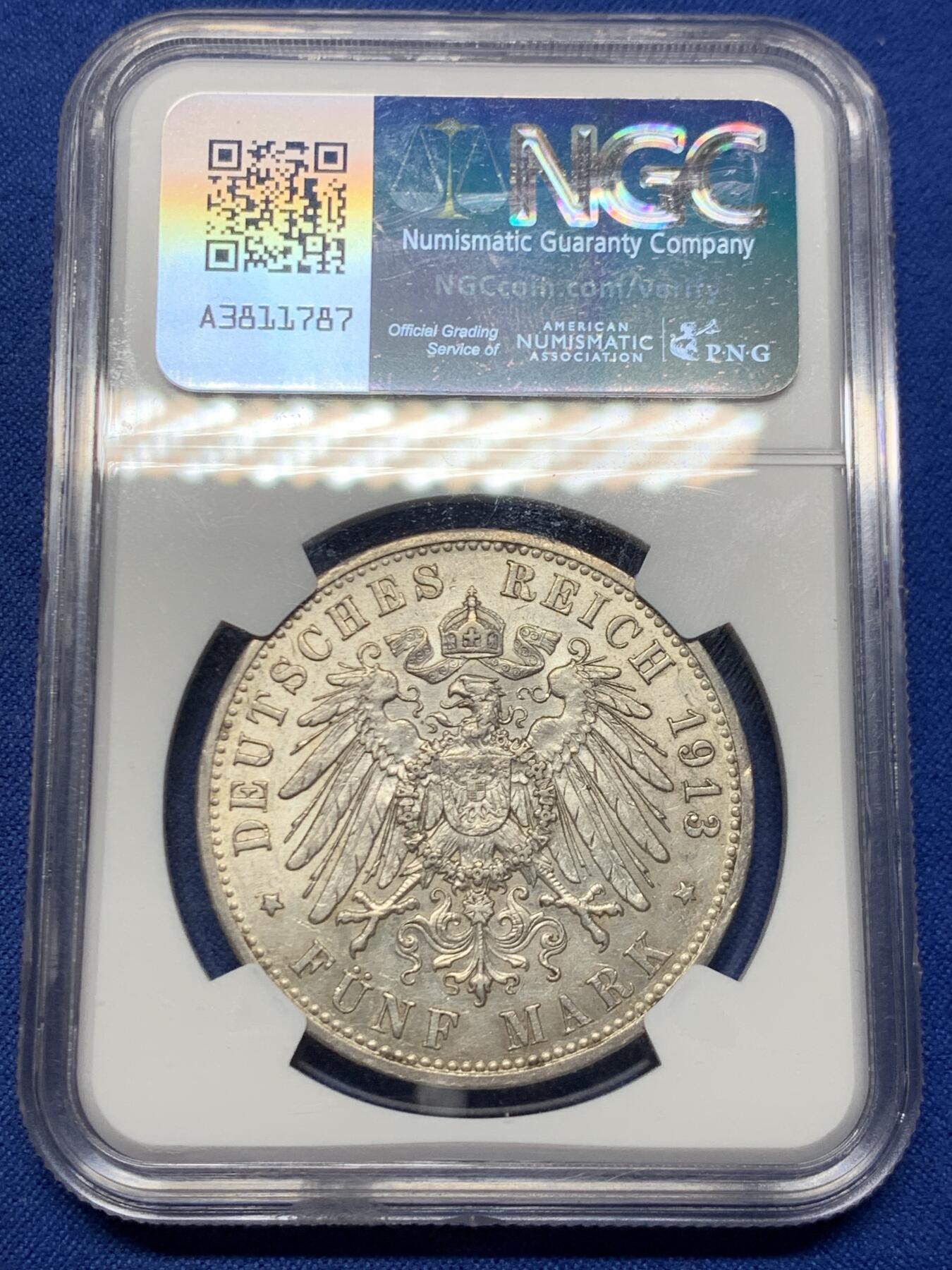 《竞宝斋》第462场 周日，周一，2场连拍 （全场包邮）欢迎送拍 NGC AU55 德国 普鲁士 1913年 威廉二世 军装 5马克 银币