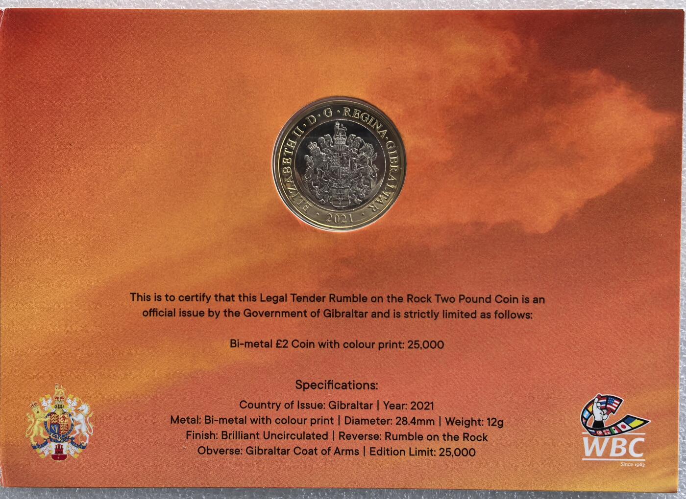 外国优质老铜币高银银币，周六九点倒数截拍，满百包邮，持续收拍 原册2021 年英属直布罗陀2 镑双色纪念币，主题为 **“岩石上的激战（Rumble on the Rock）”**—— 波维特金 VS 怀特 WBC 重量级拳王争霸赛。正面铸伊丽莎白二世头像与直布罗陀国徽，背面刻画两位拳手并标注赛事信息，属英联邦体育主题纪念币，纪念直布罗陀举办的顶级拳击赛事。