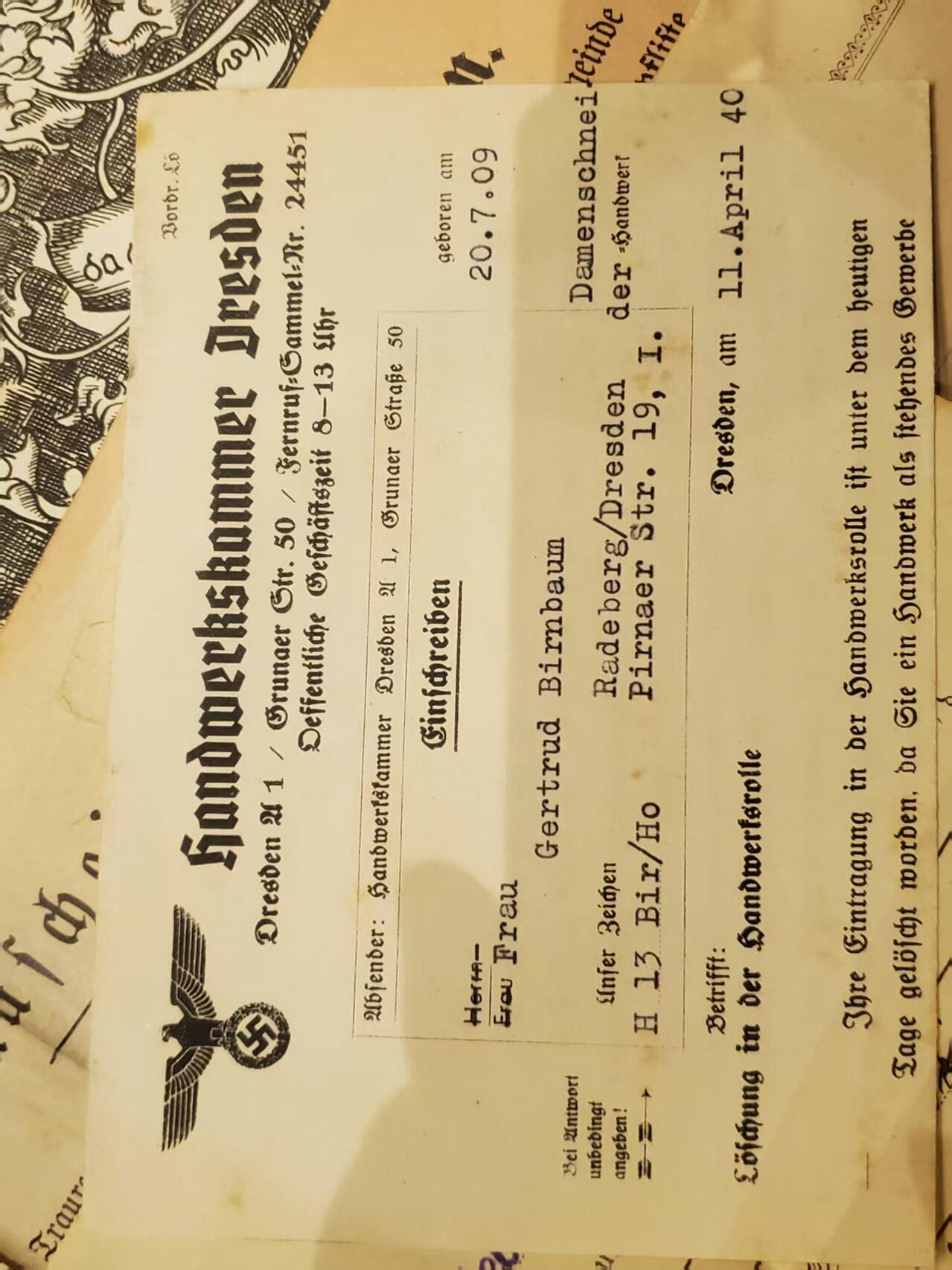 韵星假日拍卖第三十八期 -- Rimey Holidays Auction 38 帝德-魏玛-nazi德国民事服务大全套套证 魏玛时期工艺与裁缝优秀手工者大证书 魏玛时期登记册 帝德魏玛时期信件 文件 nazi德国帝国手工艺术登记局等级证 保存非常完好 纸张均无损