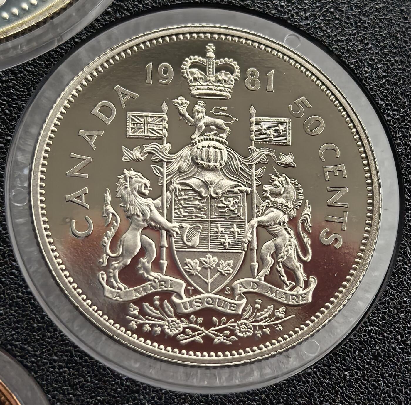 外国优质老铜币高银银币，周六九点倒数截拍，满百包邮，持续收拍 精制1981 年加拿大 50 分币，正面为伊丽莎白二世头像，背面饰加拿大国徽，设计庄重典雅。光泽温润，品相完好，国徽细节精致，是加拿大辅币经典款，属英联邦货币收藏精品，兼具历史与收藏价值。