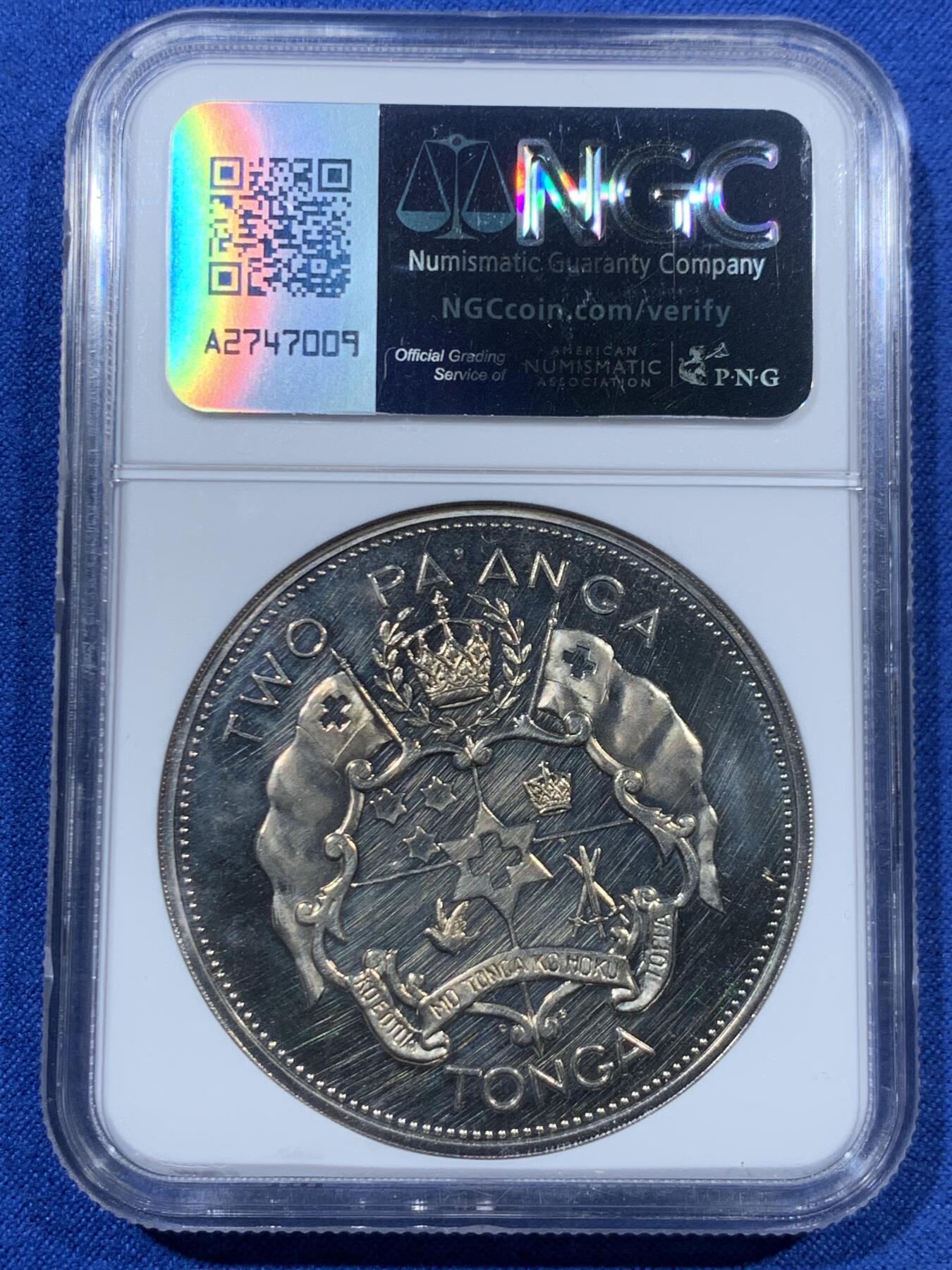 《竞宝斋》第462场 周日，周一，2场连拍 （全场包邮）欢迎送拍 NGC PF67 汤加1967年陶法阿豪·图普四世加冕2潘加精制大镍币，只发行于套币之中，发行量3500枚