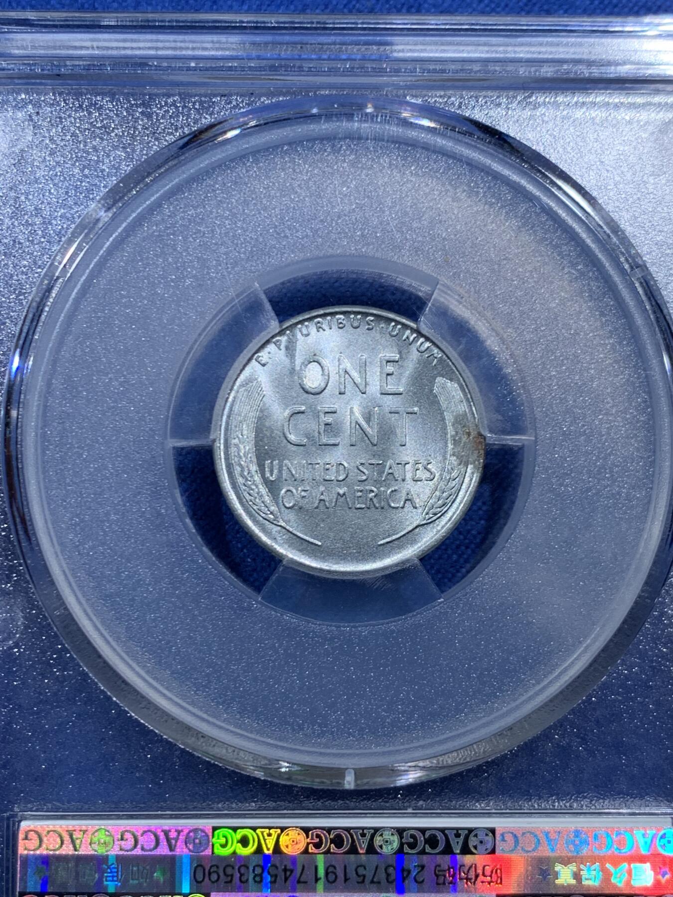 《竞宝斋》第462场 周日，周一，2场连拍 （全场包邮）欢迎送拍 ACG MS65 美国1943年1美分，独立年份，二战时期特殊材质