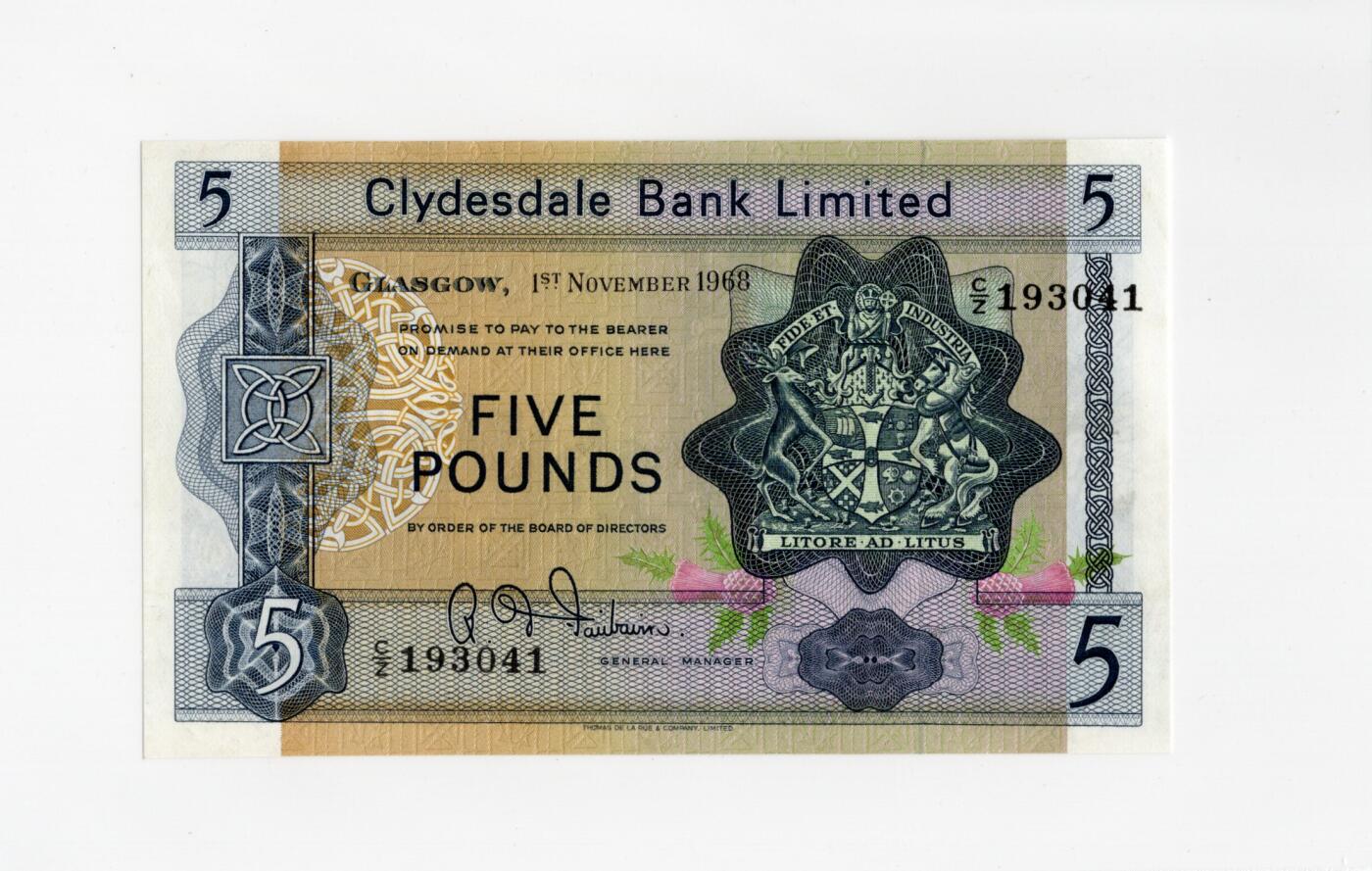 徐霞客拍卖首拍 苏格兰克莱兹银行 1968 5镑 UNC- 193041 这张纸币由苏格兰克莱兹代尔银行于1968年11月1日在格拉斯哥发行，延续了英国独一无二的“私人发钞”传统。克莱兹代尔银行作为苏格兰最具代表性的本土银行之一，这张5英镑券不仅是流通工具，更是苏格兰金融文化的“活化石”。作为苏格兰私人银行券的早期品种，全新品相存世量已十分稀少。
