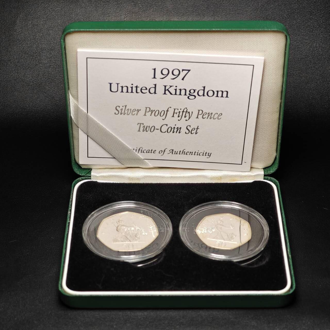 金瓯小拍第三期 古今币章 银价专场 英国50便士1对2枚精制银币1997年 重8克+13.5克 小版有氧化 盒证齐全