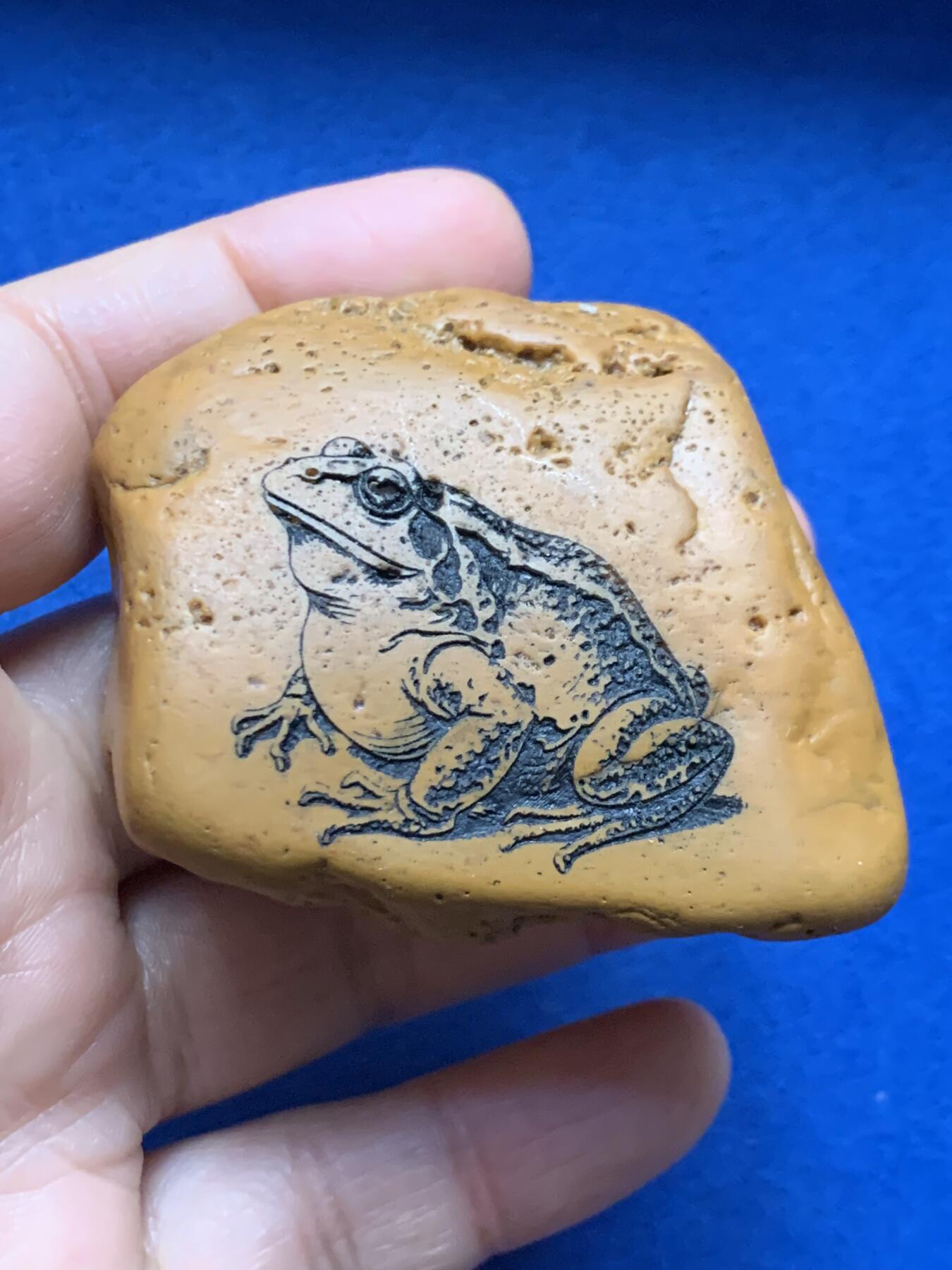 《竞宝斋》第462场 周日，周一，2场连拍 （全场包邮）欢迎送拍 黄蜡石石雕·金蟾手把件，自然底座，底部金印，重128.8克，大小一手握，图案面背面有个窝窝，内有天然石中石，也可以做博古架小摆件，亦可做镇纸；