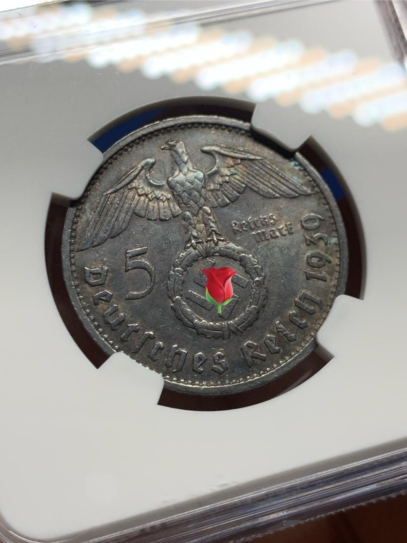 《竞宝斋》第462场 周日，周一，2场连拍 （全场包邮）欢迎送拍 NGC MS61 德国1939F兴登堡头像5马克银币，带符号，1939年是最后一年，比较少一点