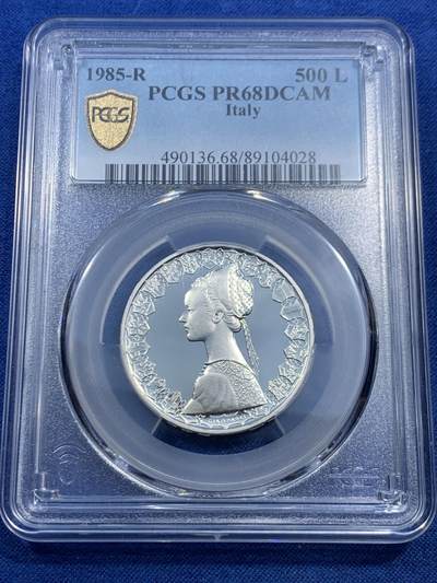《竞宝斋》第462场 周日，周一，2场连拍 （全场包邮）欢迎送拍 - 亚军分 PCGS PR68DCAM 意大利 1985年 帆船少女 精制500里拉银币 首年发行的精制 镜面光十足