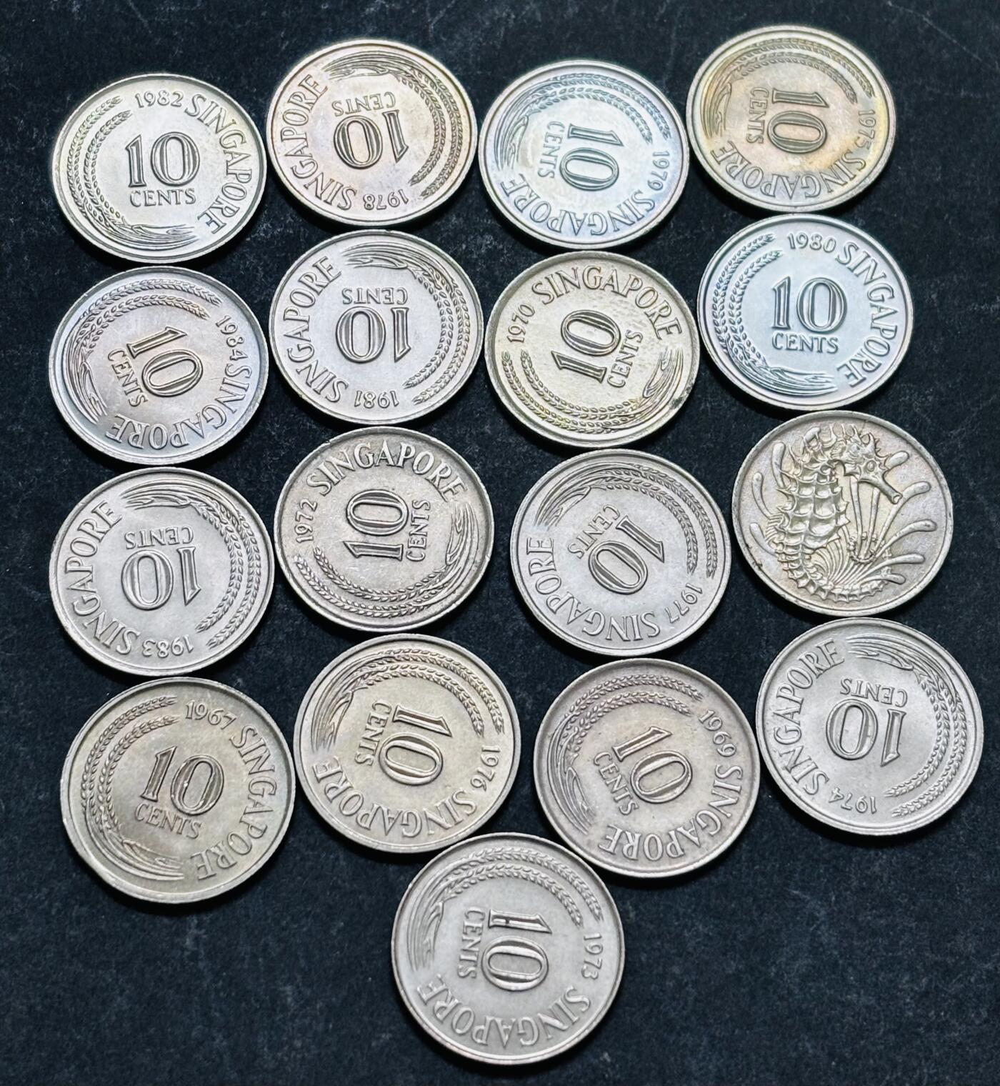 文馨钱币收藏 2026新年第五场（第 291 场）【长期接代拍品】 全新新加坡1967 年--1984 年 10 分海马，全套缺 85 年，几乎都带彩