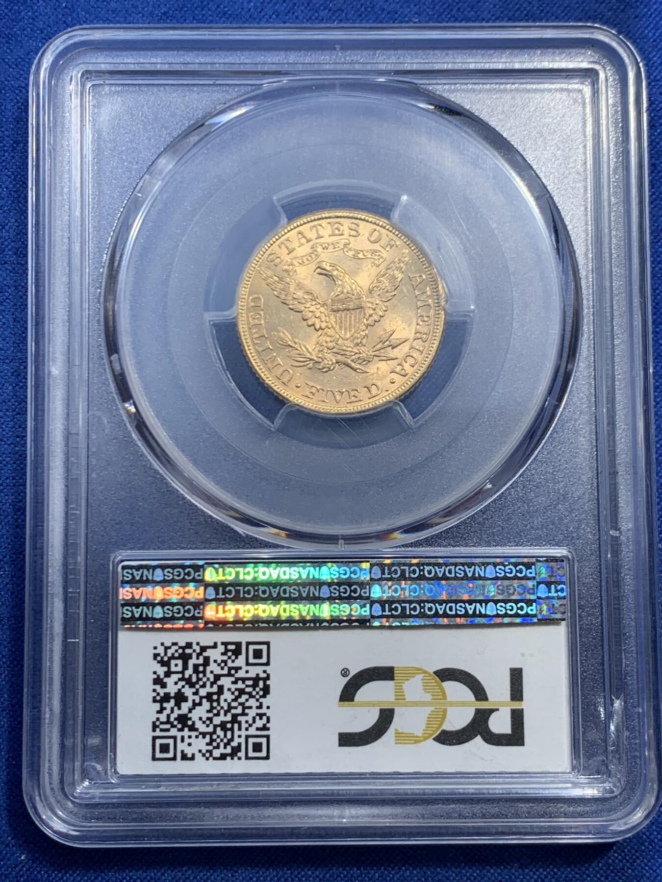 《竞宝斋》第462场 周日，周一，2场连拍 （全场包邮）欢迎送拍 PCGS MS63 美国1882年自由女神（皇冠头）5美元金币 900金 8.359克 盒子背面支撑有磕 细节见图