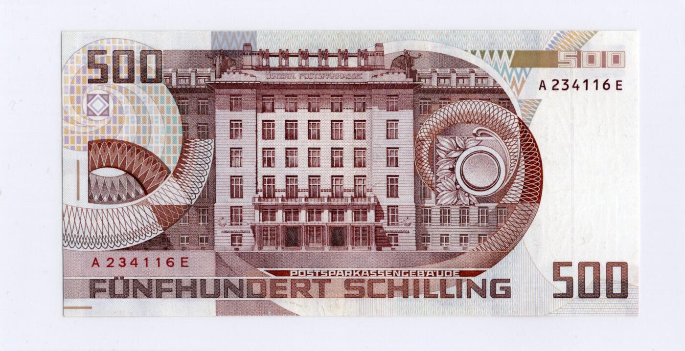 徐霞客拍卖首拍 奥地利	P-151 1985年500先令	A234116E au	正面主像为奥地利建筑师、维也纳分离派代表人物奥托·瓦格纳，设计融入瓦格纳建筑作品装饰元素，采用红棕渐变套印与精细雕刻凹印工艺。			