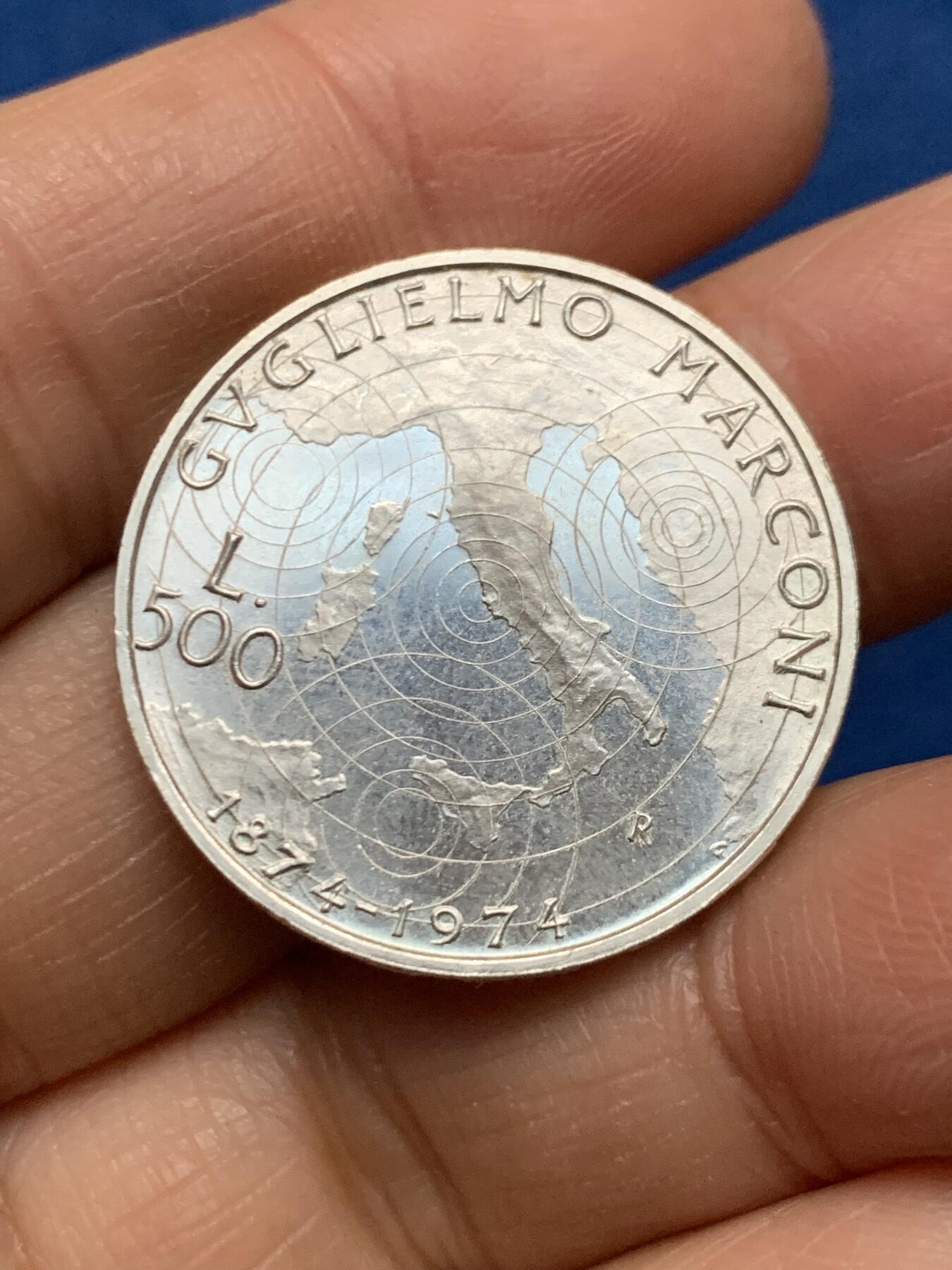 《竞宝斋》第462场 周日，周一，2场连拍 （全场包邮）欢迎送拍 意大利1974年马可尼500里拉银币，10.95g，835银