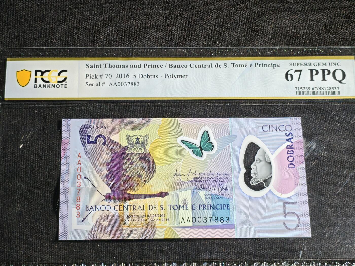 刘世昌艺术品销售中心～虎踞龙蟠*金杨在线联拍群第516期 圣托马斯和普林西比2016年5元（PCGS 67PPQ  号码：AA0037883）1枚。
