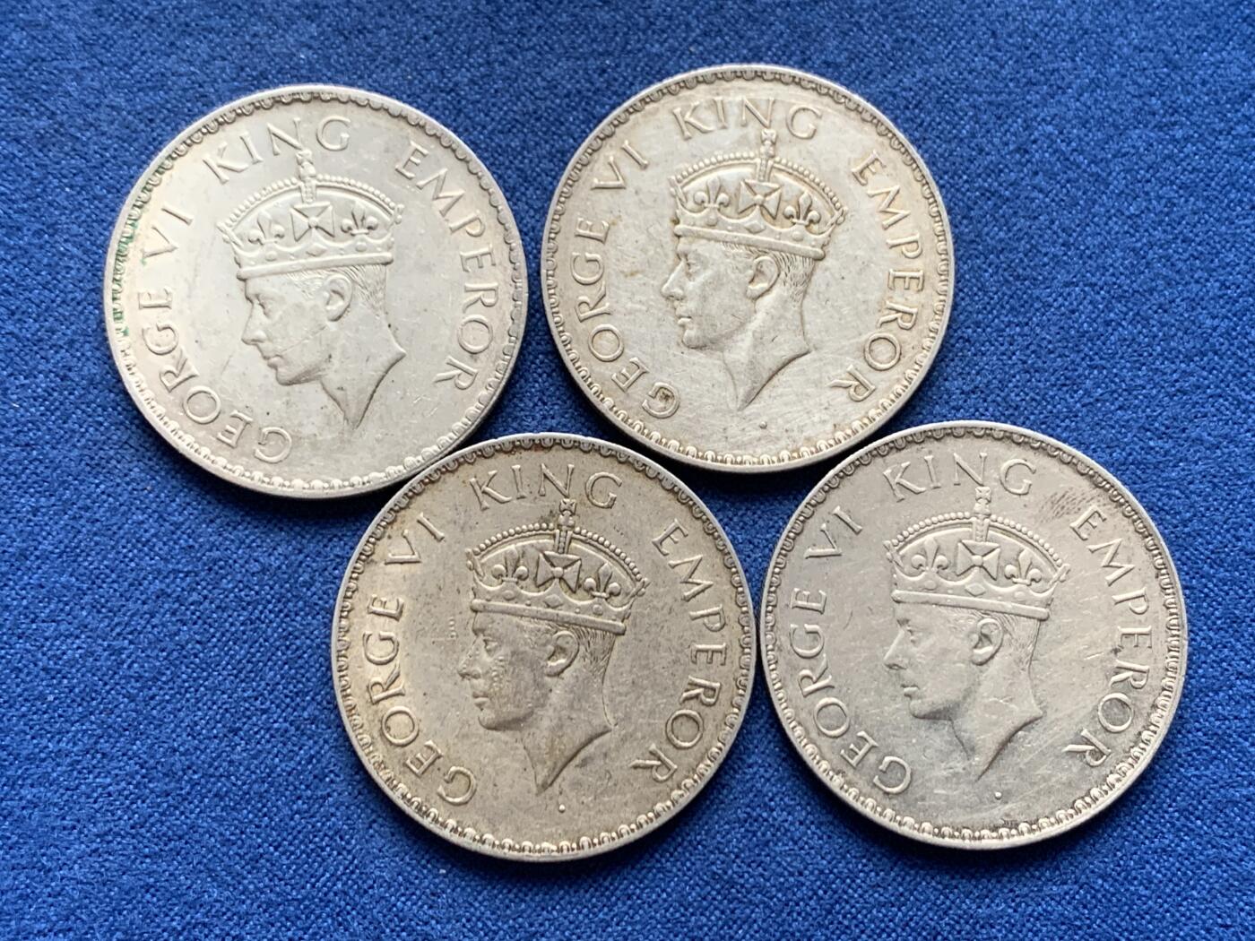 《竞宝斋》第462场 周日，周一，2场连拍 （全场包邮）欢迎送拍 四枚一组 印度1940年乔治六世1卢比银币 总重46.3克