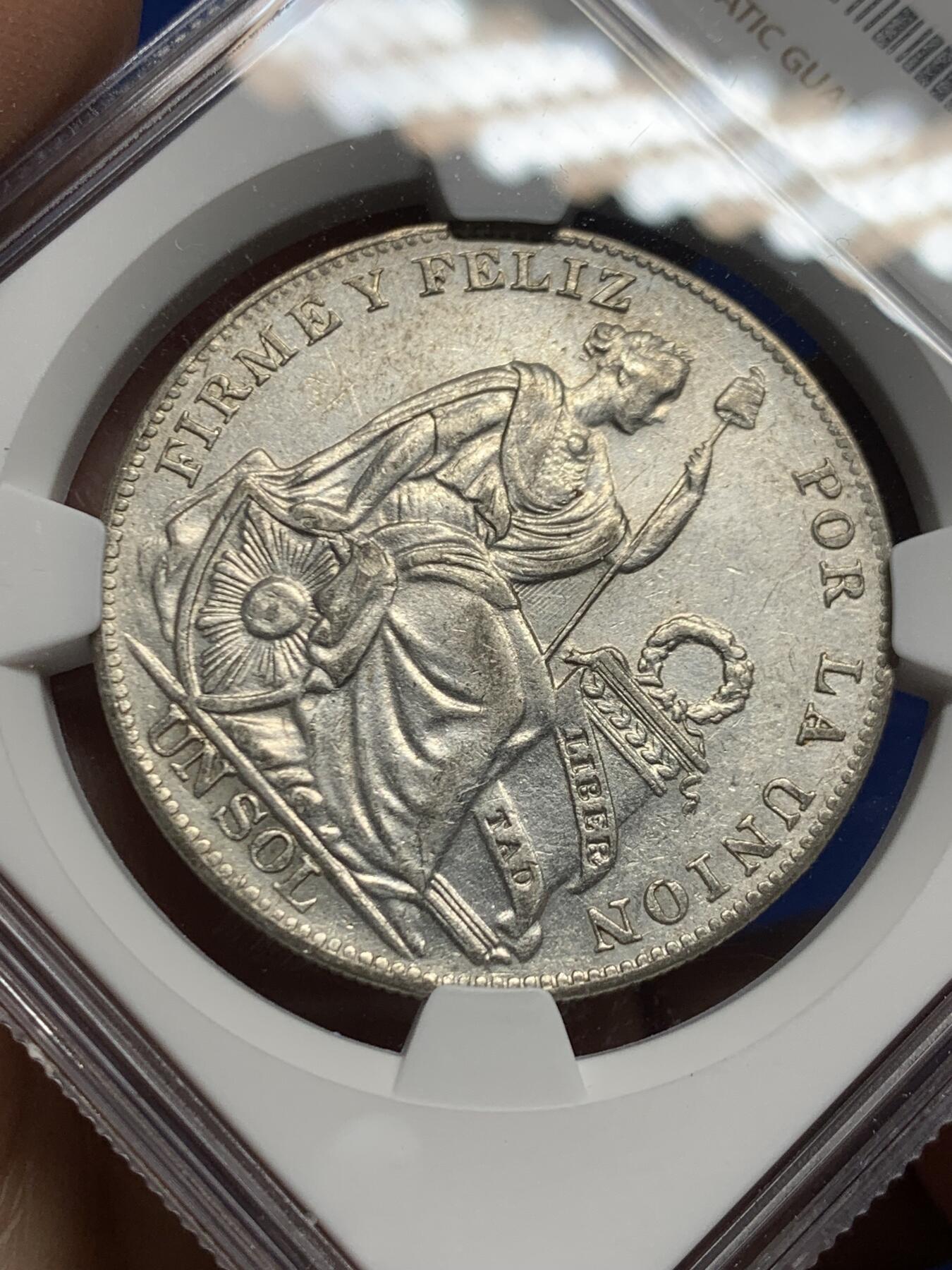 《竞宝斋》第462场 周日，周一，2场连拍 （全场包邮）欢迎送拍 NGC AUD 秘鲁 1934年 女神 1索尔 银币