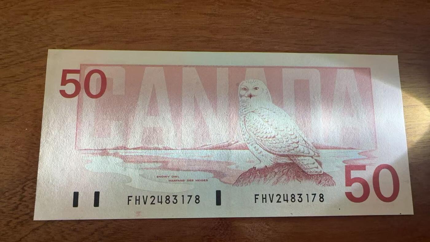 徐霞客拍卖首拍 加拿大	P-98c 1988年50元	FHV2483178	UNC-	正面主像为加拿大前总理威廉·莱昂·麦肯齐右侧为渥太华国会大厦图案。采用红棕渐变套印与精细雕刻凹印工艺，是加拿大最后一批纯纸质流通纸币之一，后被聚合物材质纸币取代。作为“鸟系列”中的大面额品种，存世量少。		