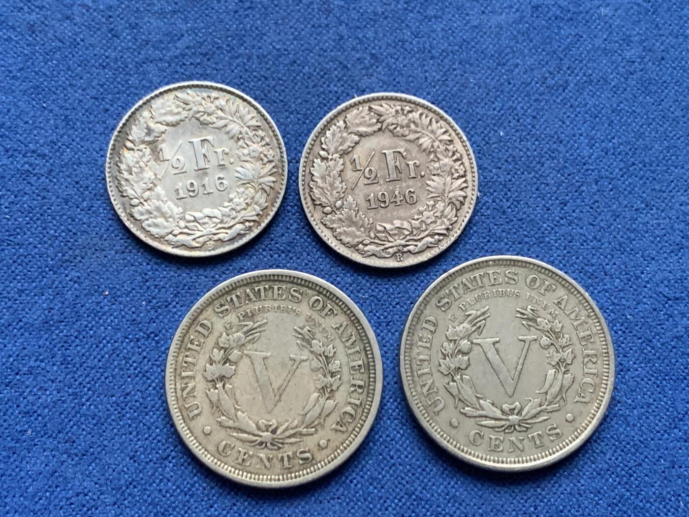 《竞宝斋》第462场 周日，周一，2场连拍 （全场包邮）欢迎送拍 四枚一组 瑞士半法郎银币2个+美国5美分镍币2个