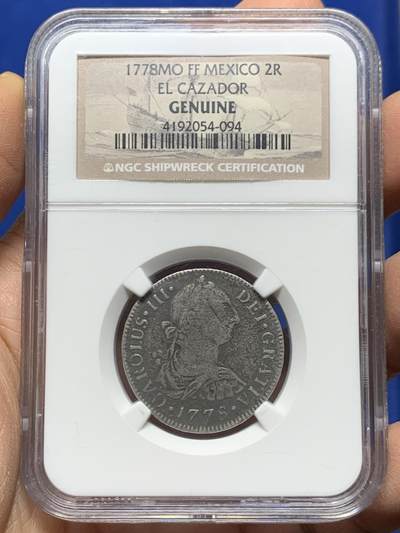 《竞宝斋》第462场 周日，周一，2场连拍 （全场包邮）欢迎送拍 - NGC评级 西属墨西哥1778卡三银币2R，来自决定美国路易斯安那州命运的沉船—猎人号，这艘船的海捞币中小面值2R比8R少见的多，外拍热门品种国内少见，竞宝斋同品种海捞币曾有1300的成交纪录