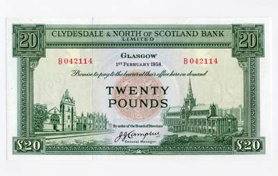 徐霞客拍卖首拍 - 苏格兰/克莱斯勒戴尔银行和北方银行	P-193a 1958年20镑	B042114	unc-	纸币由**克莱兹代尔与苏格兰北部银行于1958年2月1日在格拉斯哥发行，承载着苏格兰近代金融史的关键节点。它是苏格兰仅有的几家有权发行纸币的商业银行之一，存世量稀少，且20镑作为当时的大面值流通券，完整保存至今的尤为难得。		