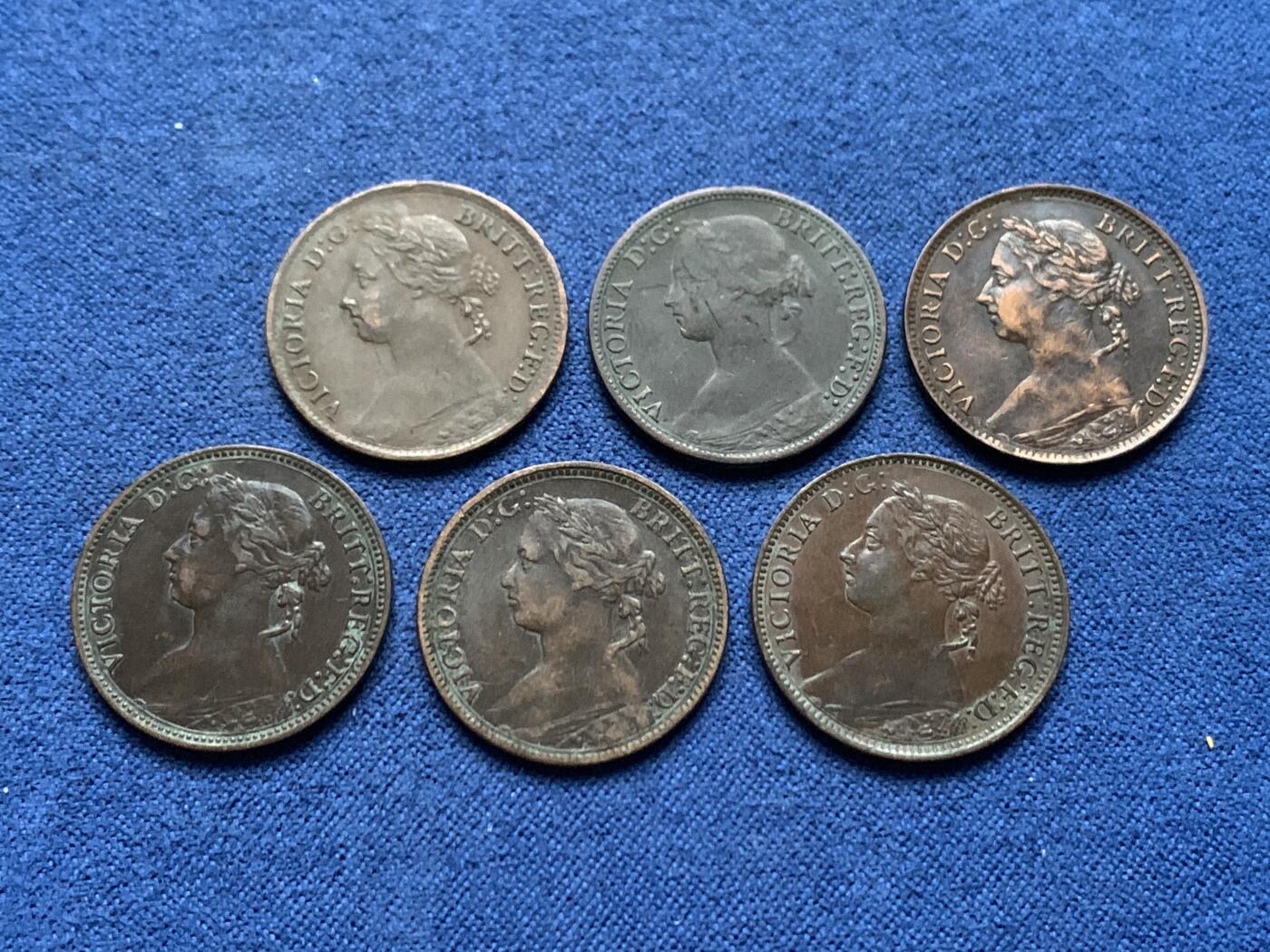 《竞宝斋》第462场 周日，周一，2场连拍 （全场包邮）欢迎送拍 六枚一组 英国1866-1891维多利亚青年到中年肖像法新铜币，颗颗不同，状态精神，收集不易。