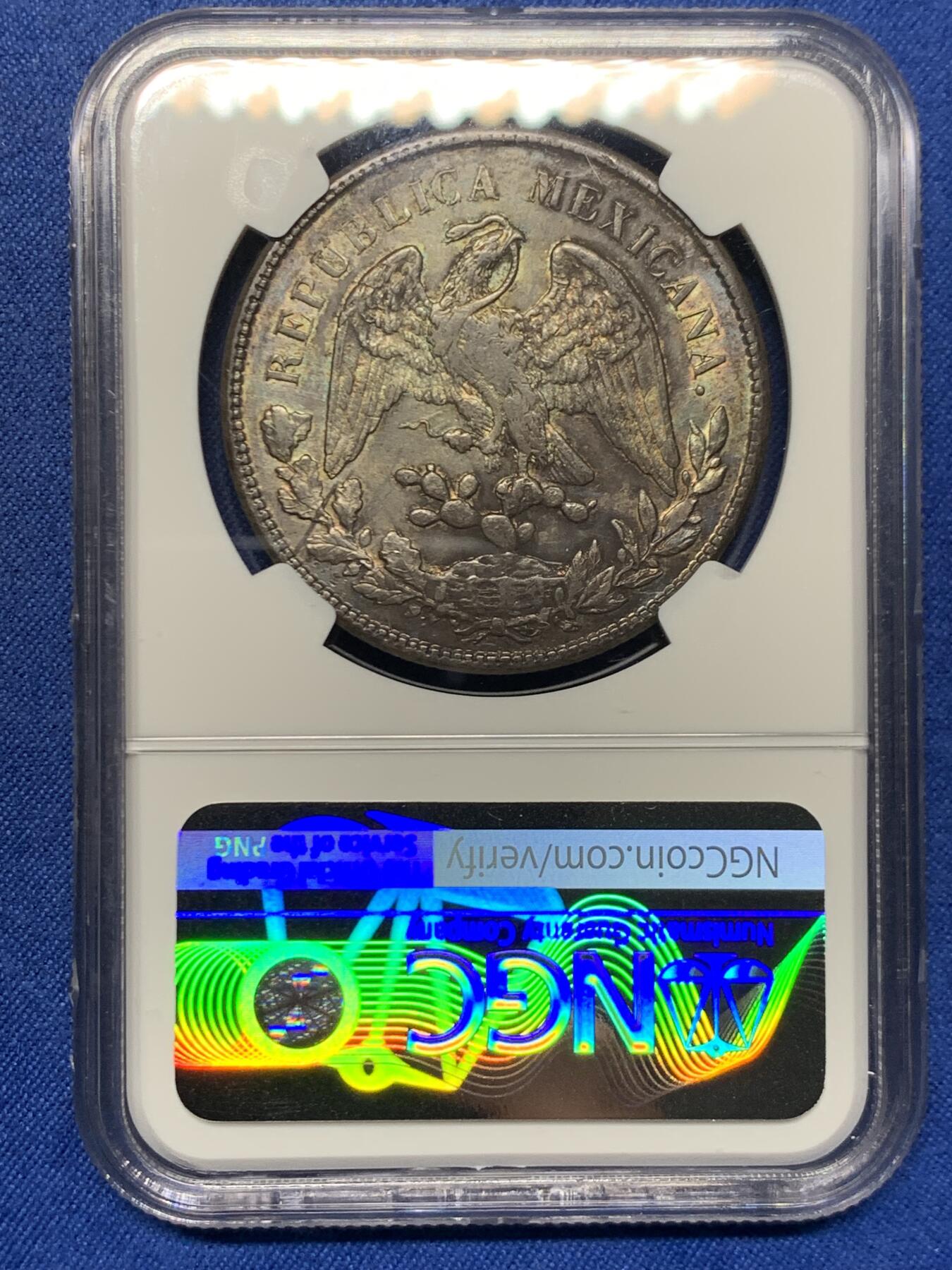 《竞宝斋》第462场 周日，周一，2场连拍 （全场包邮）欢迎送拍 NGC AUD 墨西哥1899年GORS版比索银币，五彩转光，非常漂亮的彩和状态，不理解为啥没分，可以尝试重评