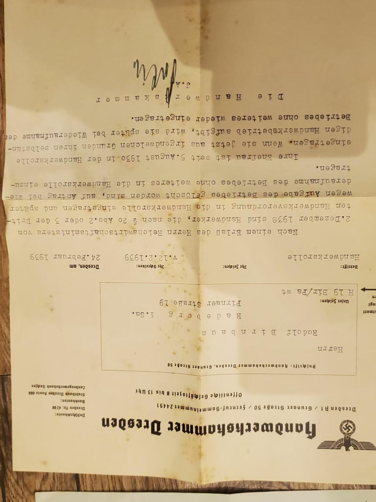 韵星假日拍卖第三十八期 -- Rimey Holidays Auction 38 帝德-魏玛-nazi德国民事服务大全套套证 魏玛时期工艺与裁缝优秀手工者大证书 魏玛时期登记册 帝德魏玛时期信件 文件 nazi德国帝国手工艺术登记局等级证 保存非常完好 纸张均无损