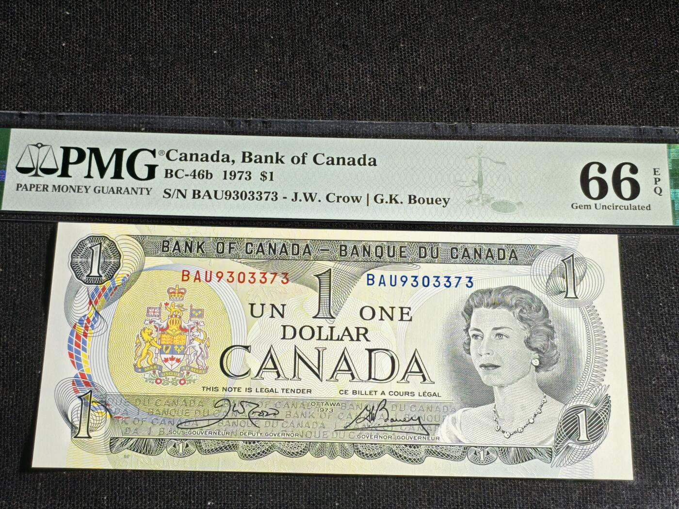 刘世昌艺术品销售中心～虎踞龙蟠*金杨在线联拍群第516期 加拿大1973年1元（PMG 66E 号码：BAU9303373）1枚。