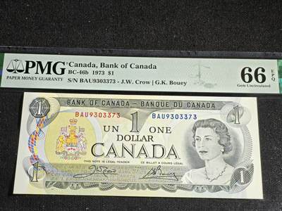 刘世昌艺术品销售中心～虎踞龙蟠*金杨在线联拍群第516期 - 加拿大1973年1元（PMG 66E 号码：BAU9303373）1枚。