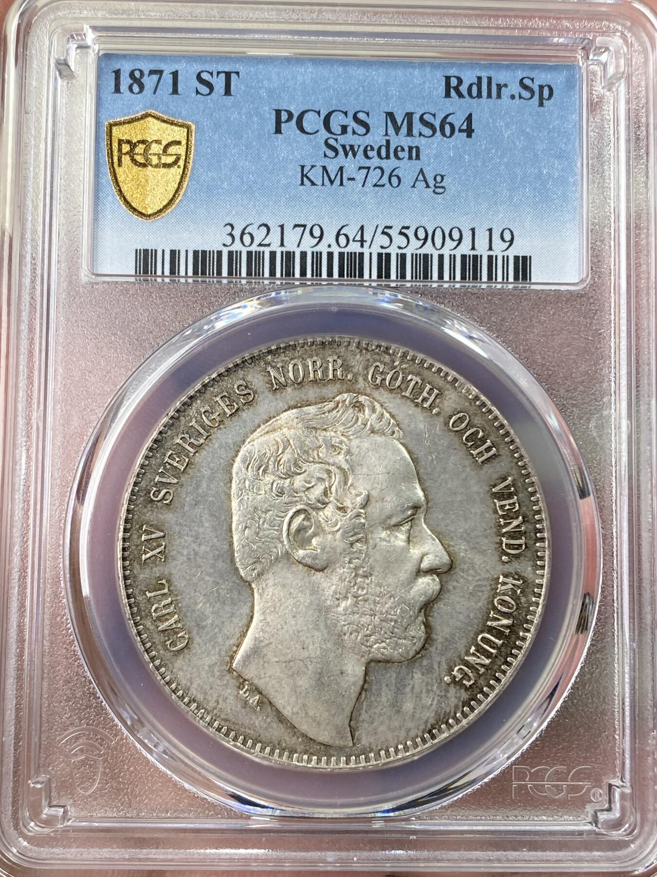 万国钱币拍卖第060期（万国六十期纪念大拍） PCGS MS64 1871瑞典卡尔十五世双狮4达勒大银 好品罕见的北欧大银主币 双狮护盾的纹章设计也非常漂亮 原味转光欧陆五彩 PC唯一冠军分 洼地品种 顶级收藏品质