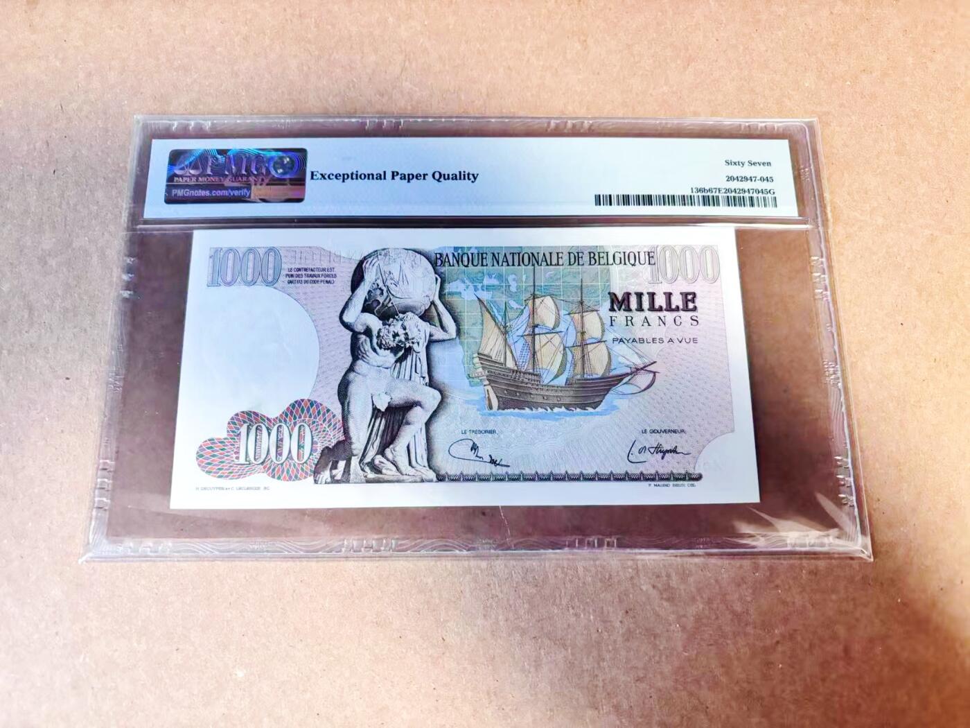 【Blue Auction】世界纸币精拍第780期——18级TOP拍卖/信誉/品质/专业/高效💫 比利时 1975年1000法郎 大力神 PMG67EPQ