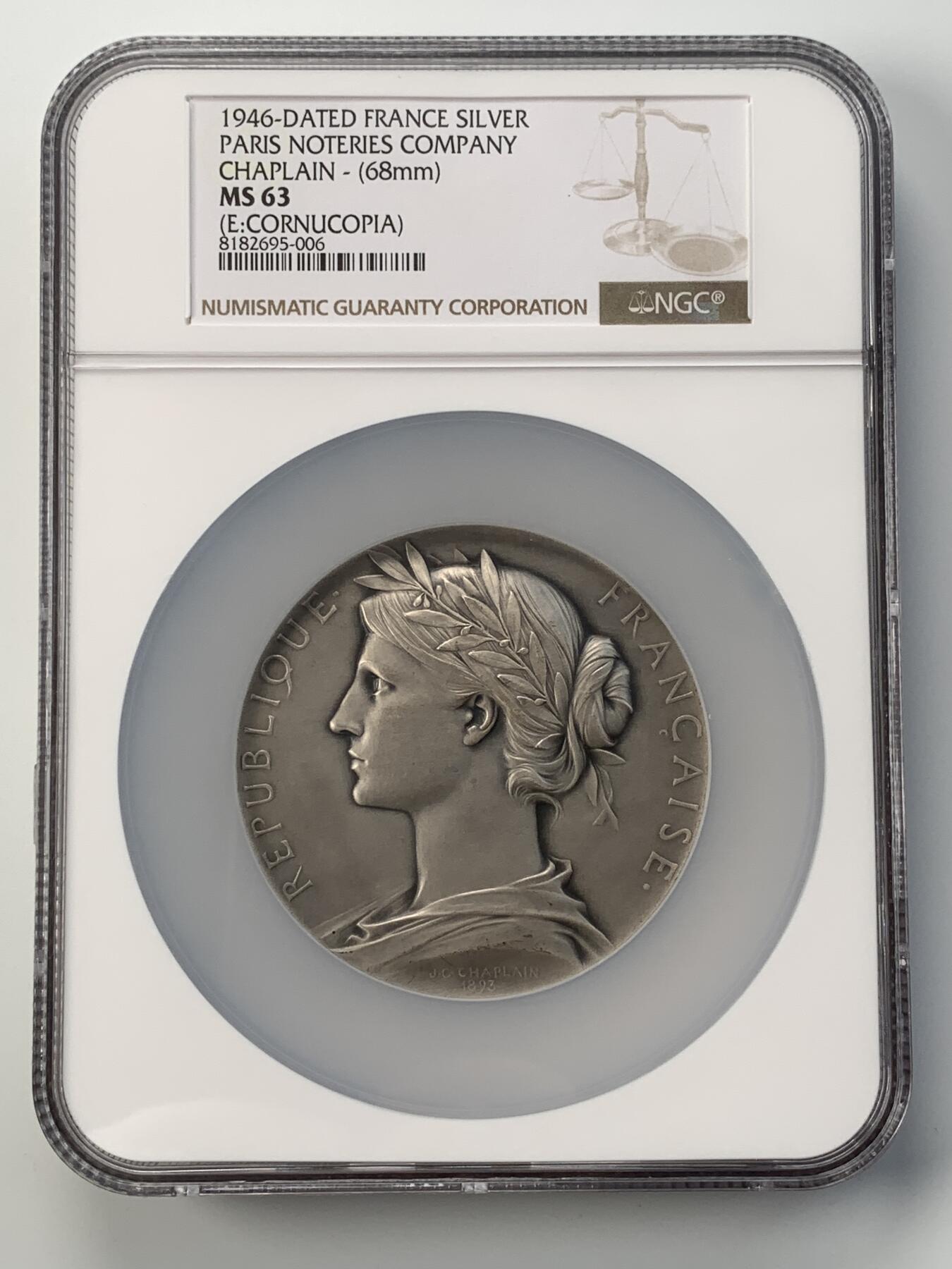 掌中浮雕-藏着的欧洲第051场 NGC MS63 : 1946年法国巴黎票据公司银章，68mm，大师沙普兰作品