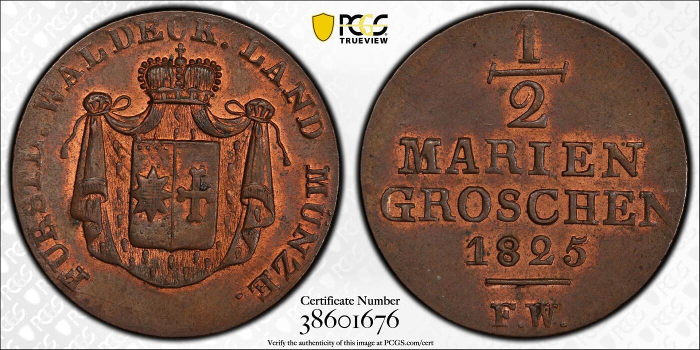 万国钱币拍卖第059期 PCGS MS63 1825年德国瓦尔德克-皮埃蒙特1/2G铜币 原红铜光极美收藏级 PC唯二冠军分