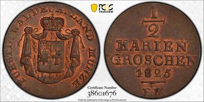 万国钱币拍卖第059期 - PCGS MS63 1825年德国瓦尔德克-皮埃蒙特1/2G铜币 原红铜光极美收藏级 PC唯二冠军分
