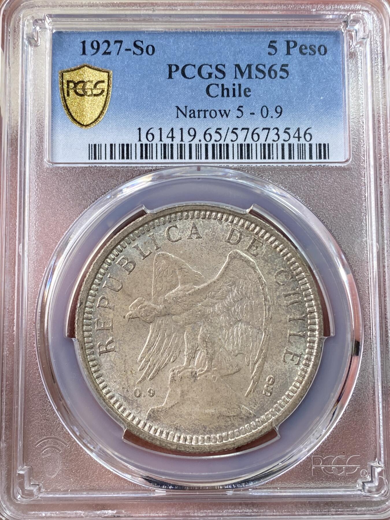 万国钱币拍卖第060期（万国六十期纪念大拍） PCGS MS65 1927智利秃鹫5比索大银 原味均匀纸袋包浆 从未动过的原始状态 极其难得的BU品质南美大银 PCGS冠军分