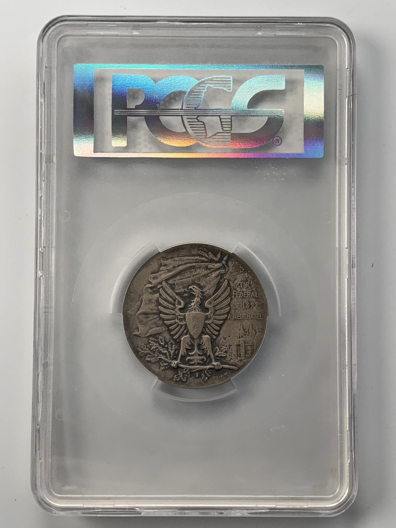掌中浮雕-藏着的欧洲第051场 PCGS SP64 ：1898年瑞士纳沙泰尔射击节银章，45mm