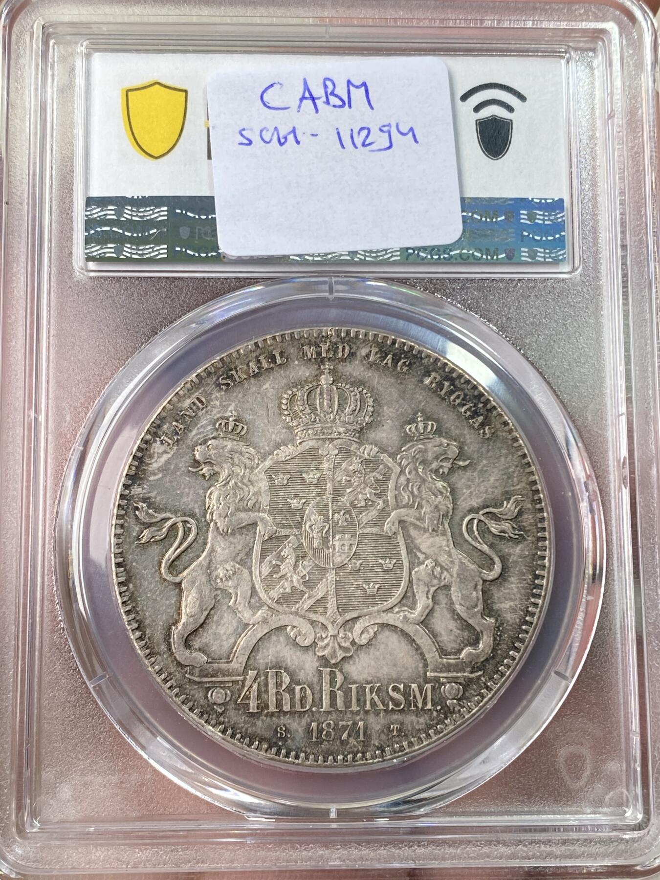 万国钱币拍卖第060期（万国六十期纪念大拍） PCGS MS64 1871瑞典卡尔十五世双狮4达勒大银 好品罕见的北欧大银主币 双狮护盾的纹章设计也非常漂亮 原味转光欧陆五彩 PC唯一冠军分 洼地品种 顶级收藏品质