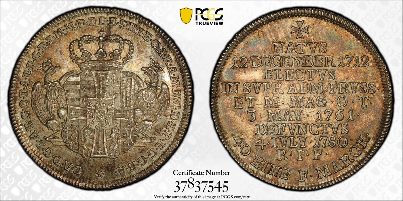 万国钱币拍卖第059期 PCGS MS63 1780年德国条顿骑士团纪念大团长卡尔·亚历山大逝世1/4泰勒 仅发行400枚 周身欧陆香槟五彩环绕 采用独特的奖章式设计精美 值得入藏 PC唯一冠军分
