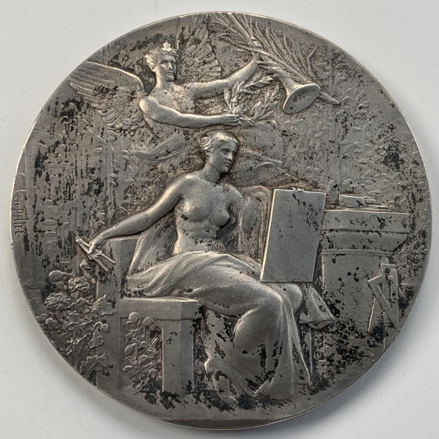 掌中浮雕-藏着的欧洲第051场 法国新艺术镀银大铜章《巴黎建筑设计大赛》， 71mm ， 作者: ch.Pillet  